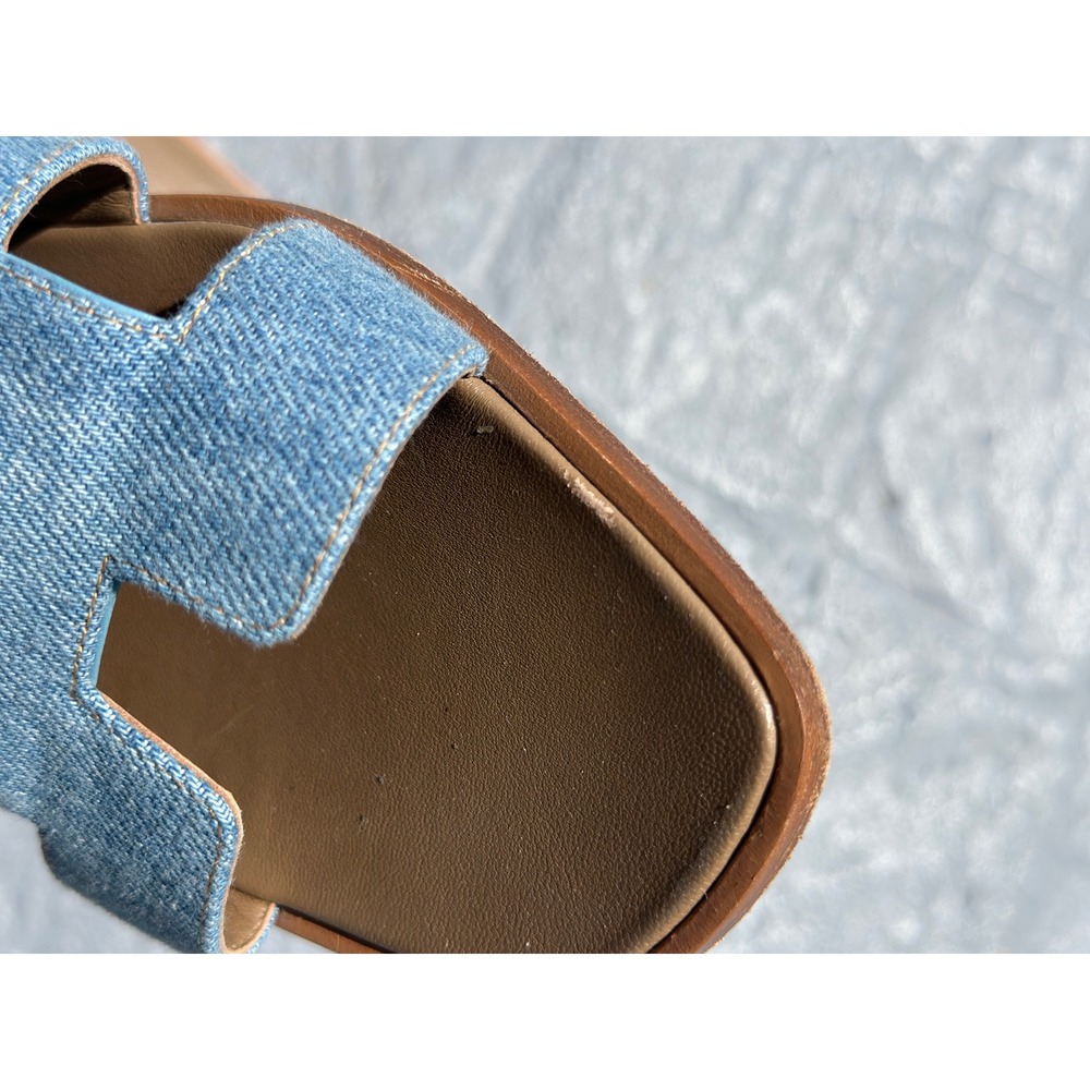 Hermes Oran Denim Sandals Blue denim Slides Size 39 Flat Shoes - Picture 8 of 11